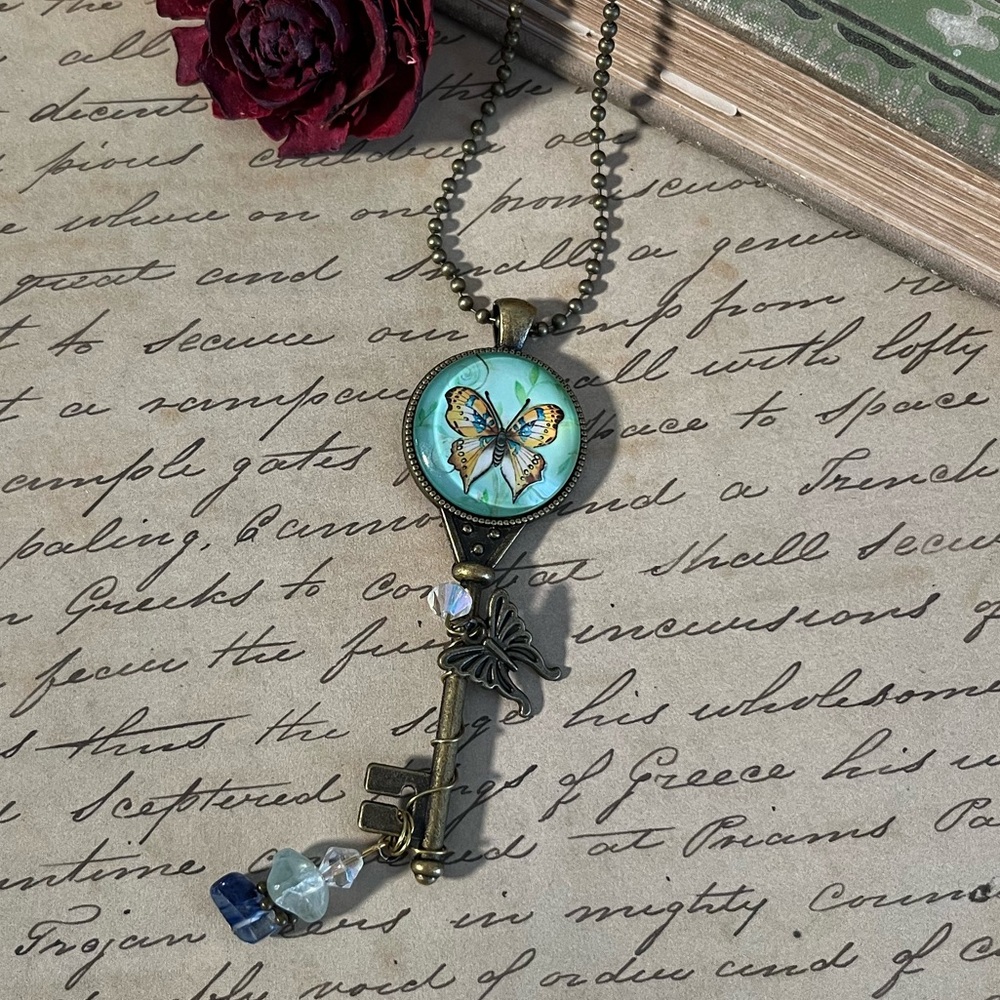 Handmade Butterfly Glass Cabochon Skeleton Key Pendant Necklace